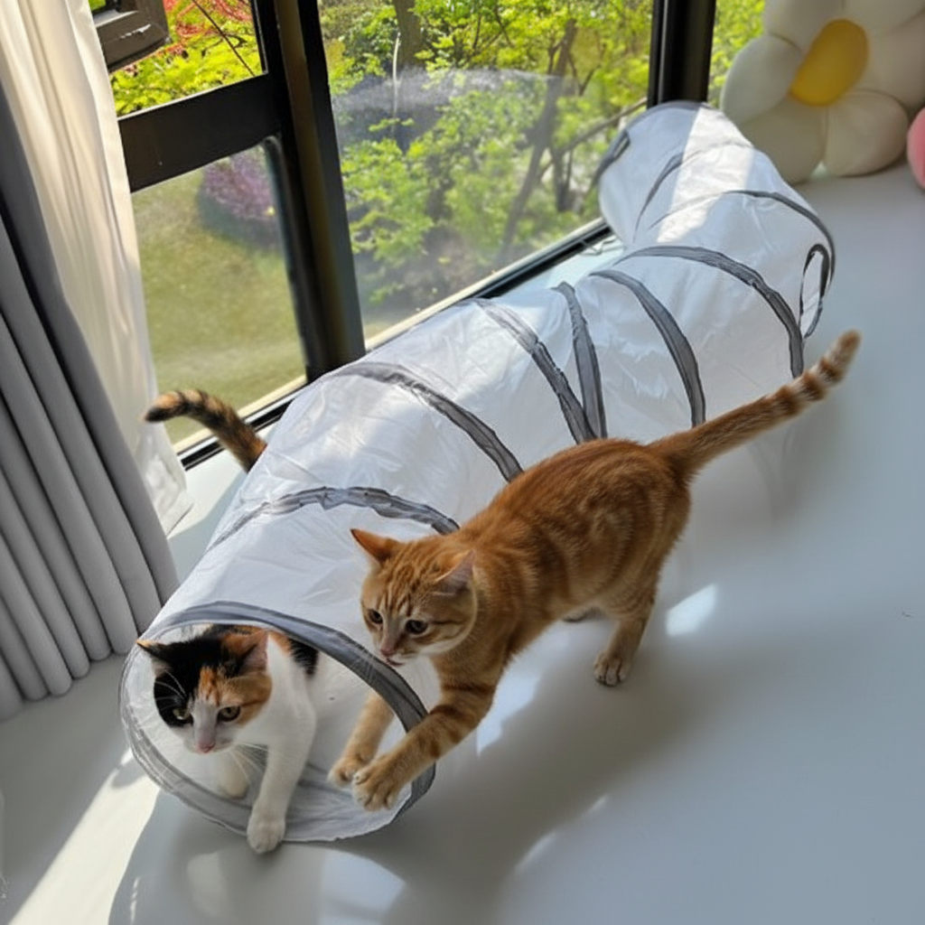 Les deux chats se poursuivant dans le tunnel