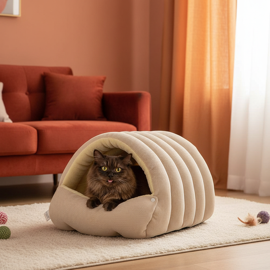 Lit beige dans pièce terracotta avec chat marron foncé