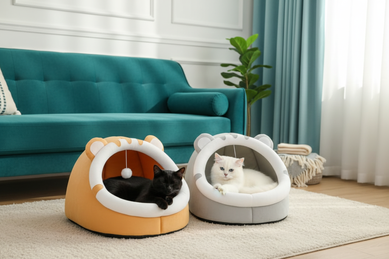 Lit chat cocon tête de chat - mise en scène salon