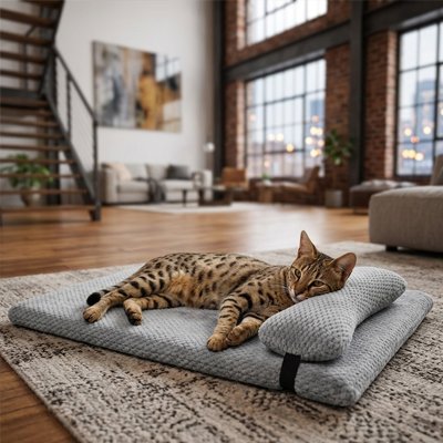 lit Chat de couleur gris clair avec coussin amovilbe