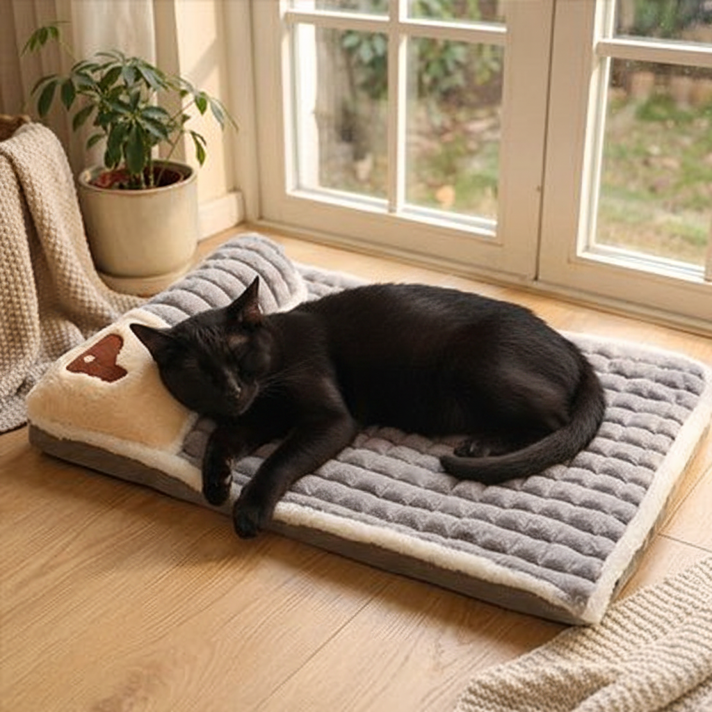 Lit chat peluche quilting - gris - chat noir