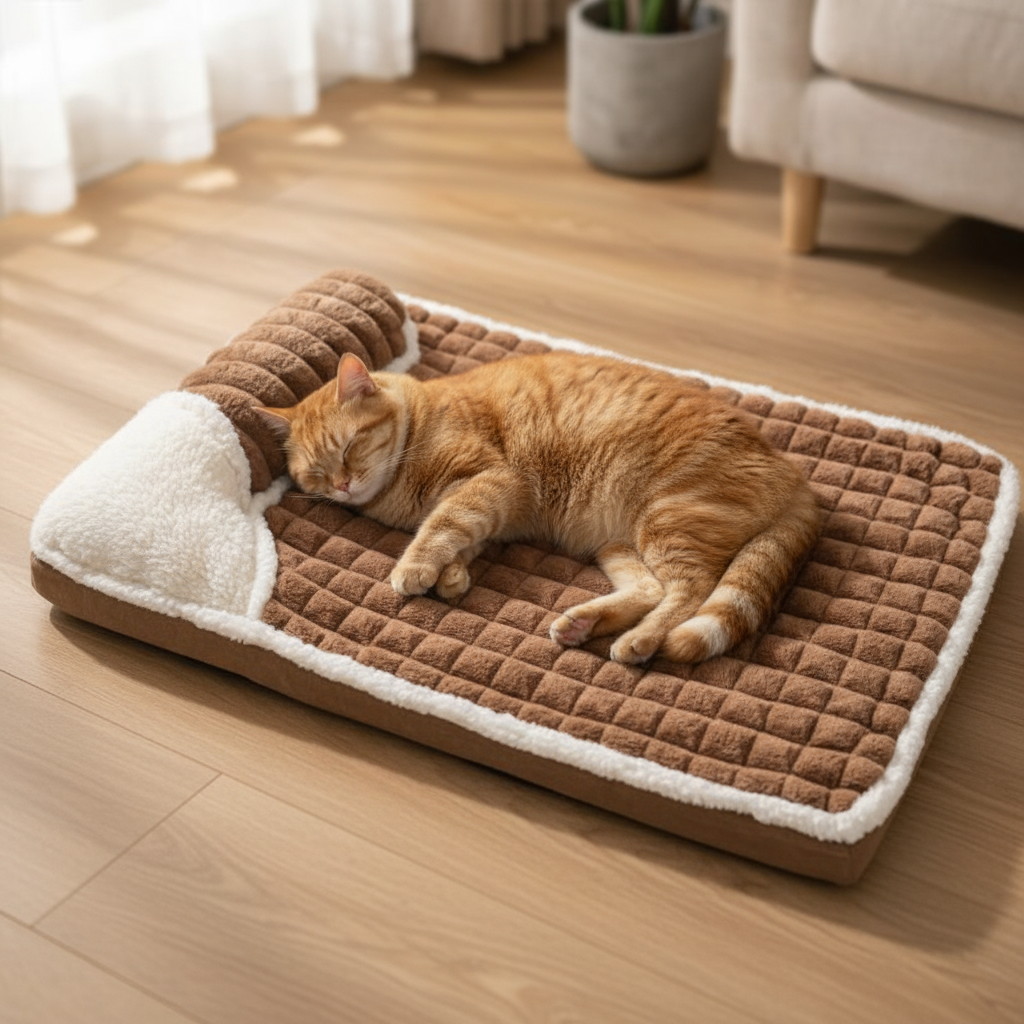Lit chat peluche quilting - marron - chat roux