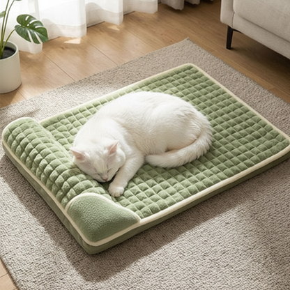 Lit chat peluche quilting - vert - chat blanc