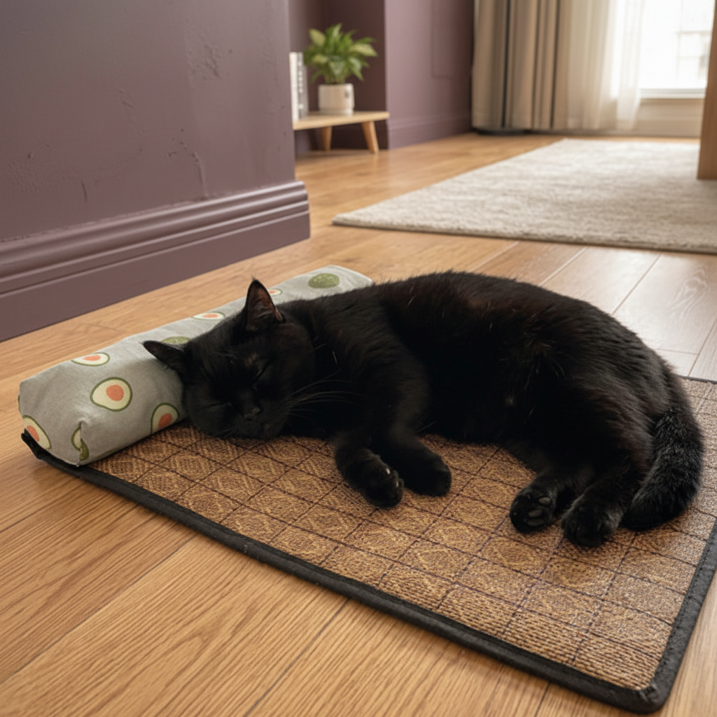 Lit chat rotin - chat noir - salon mauve