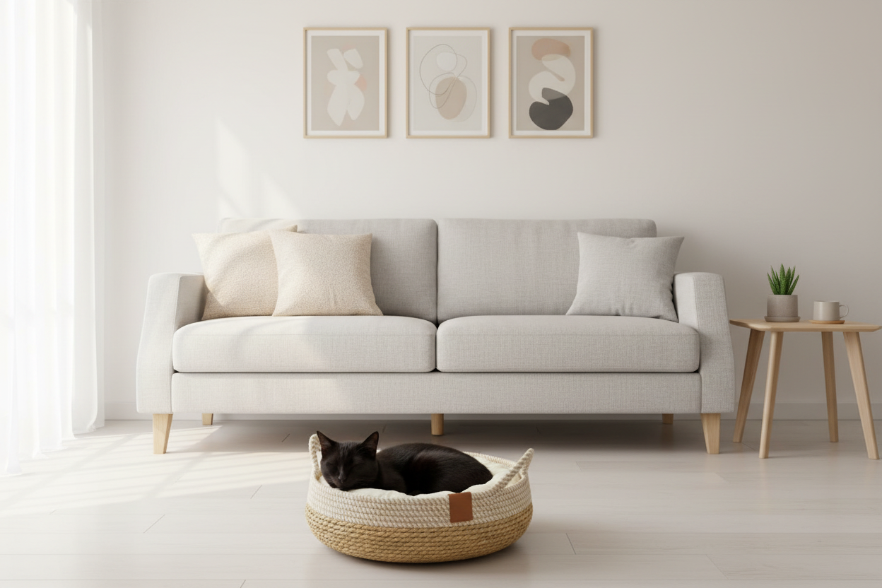 Lit pour chat avec coussin blanc et chat noir dans un salon scandinave