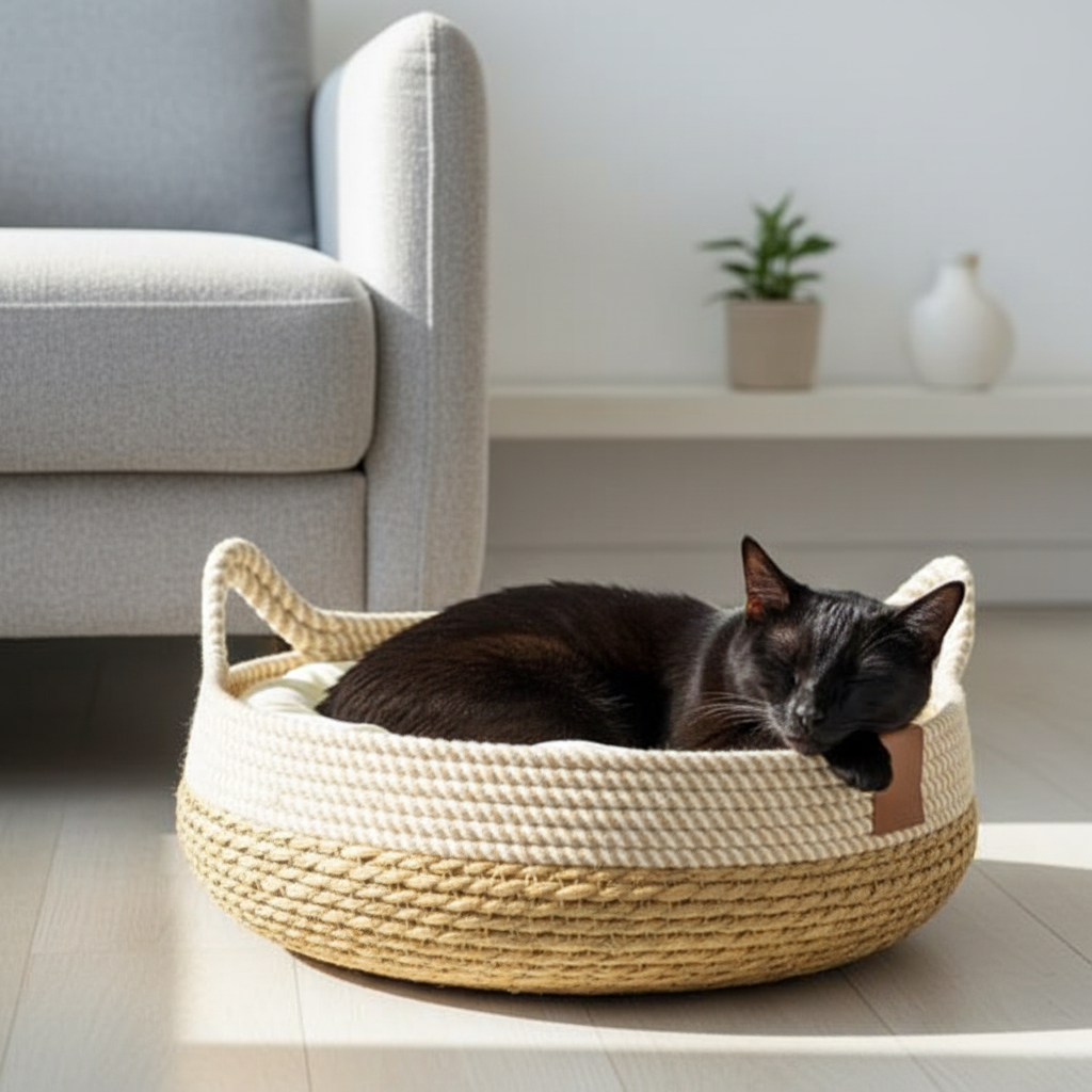 Lit pour chat coussin blanc chat noir salon scandinave - carré rapproché