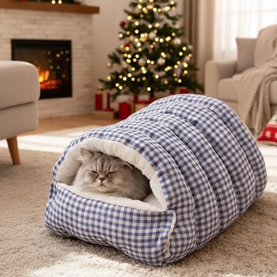 Lit pour chat de couleur bleu vichy 