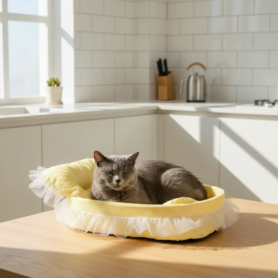 Lit princesse jaune avec chat gris