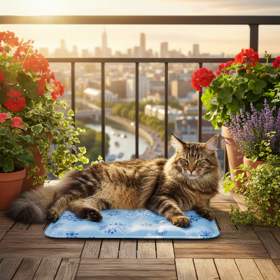 Maine Coon sur tapis rafraîchissant chat bleu clair
