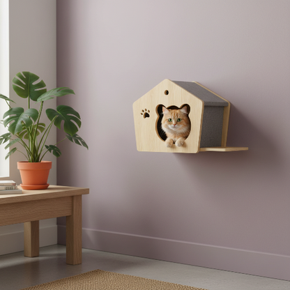 Maison arbre à chat murale sur mur lilas avec chat