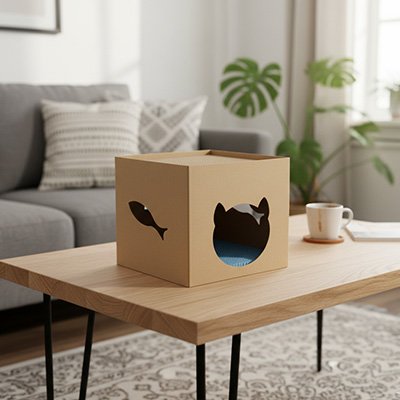 Maison en carton pour chat à placer dans un coin 