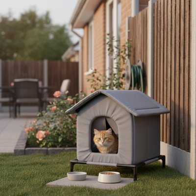 Maison extérieur pour chat de couleur gris