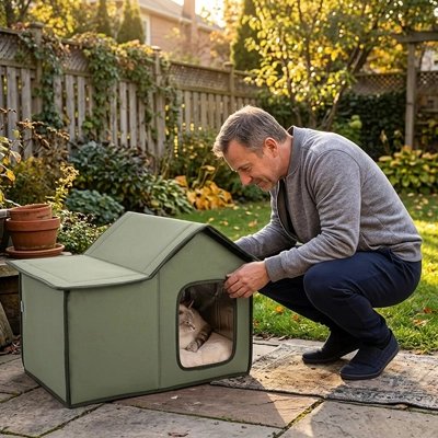 Maison exterieur pour chat passe inaperçu dans le jardin