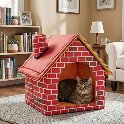 Maison pour chat avec une cheminée et une porte