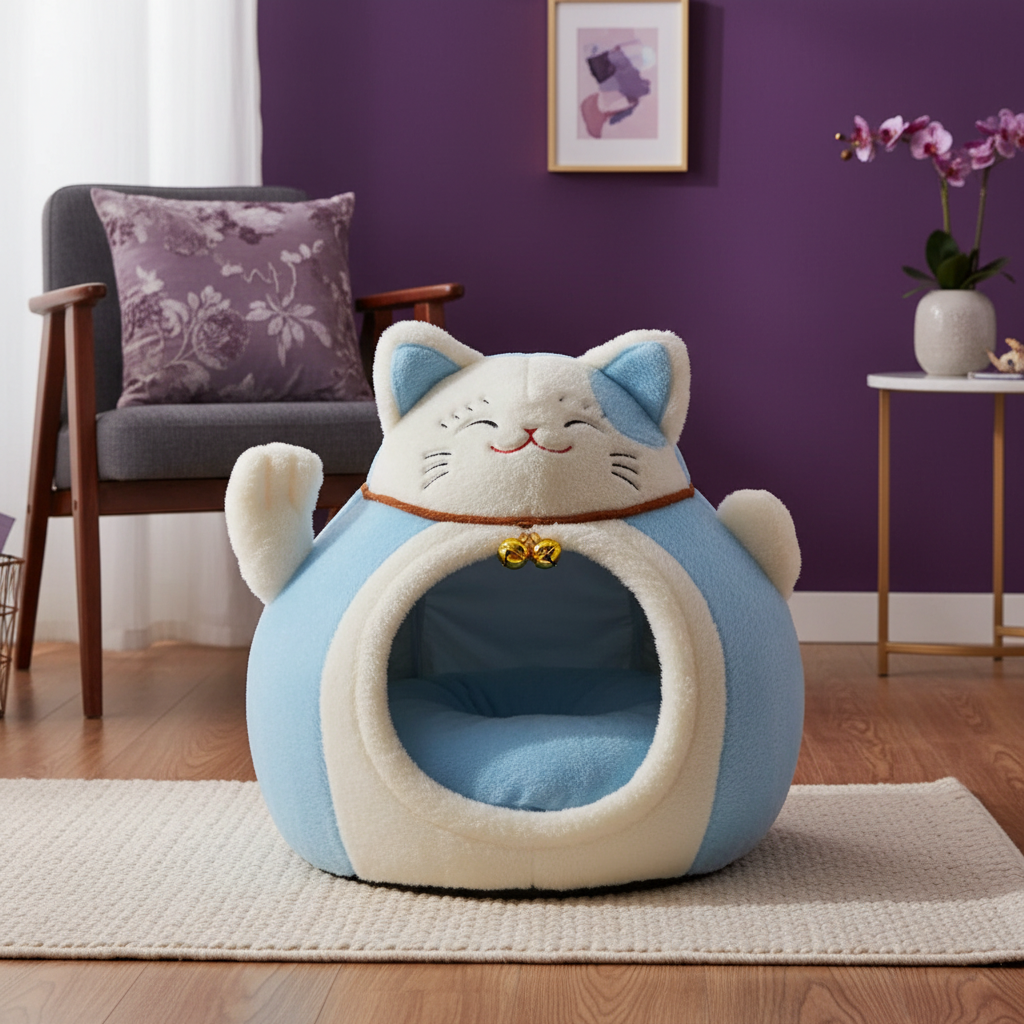 Maison pour chat bleu et blanc dans une salle violette