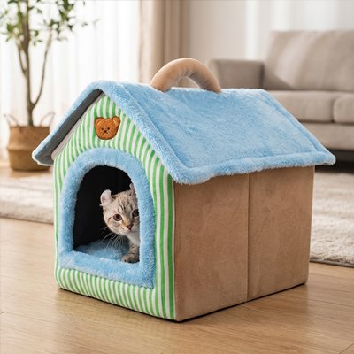 Maison pour chat bleu et marron