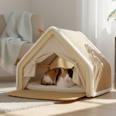 Maison pour chat de couleur crème 