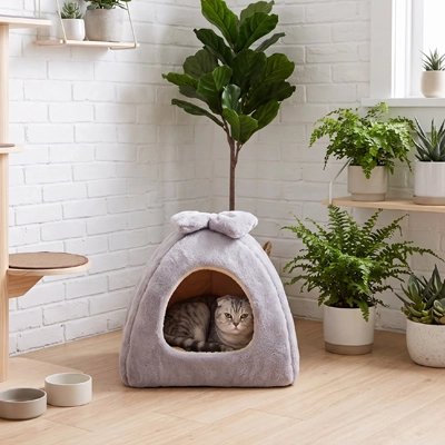 Maison pour chat et chat tigré couché dedans 