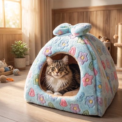 Maison pour chat fleur au salon main coon couché dedans