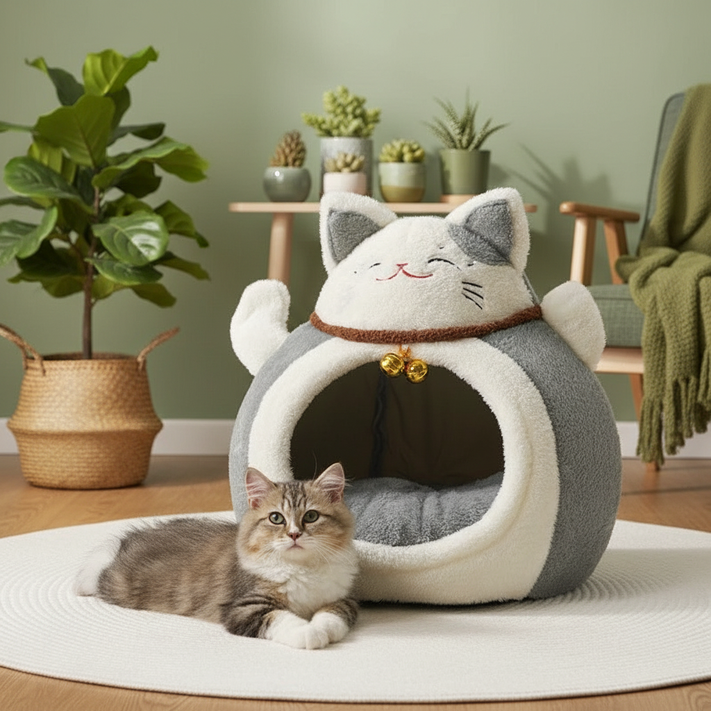 Maison pour chat grise et blanche dans une salle verte