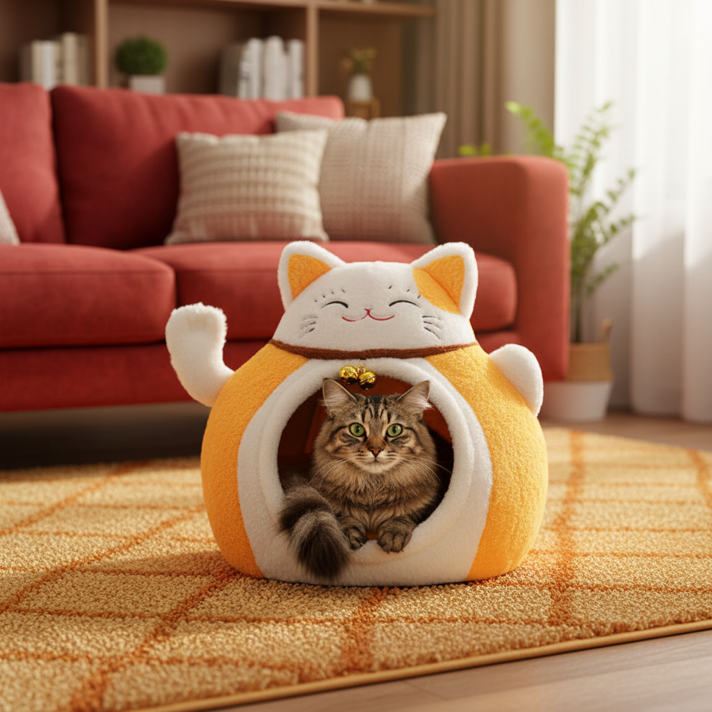 Maison pour chat jaune avec chat marron - format carré