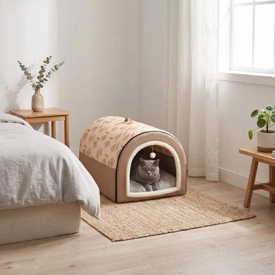 Maison pour chat positionnée dans chambre avec chat dort dedans 