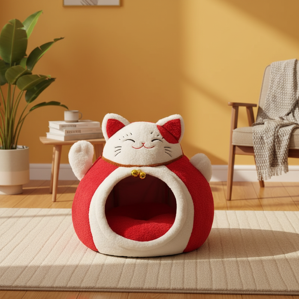 Maison pour chat rouge et blanc dans une salle jaune orangé