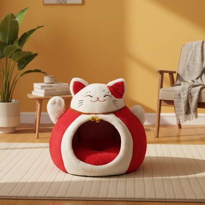 Maison pour chat rouge et blanc dans une salle jaune orangé