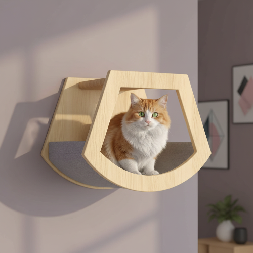 Maison trapézoïdale arbre à chat murale sur mur lilas avec chat