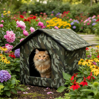 Niche camouflage verte jardin chat roux