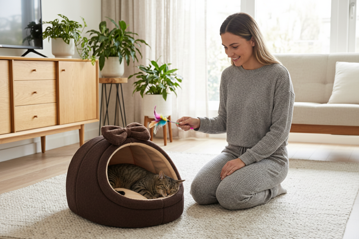 Niche chat marron salon scandinave
