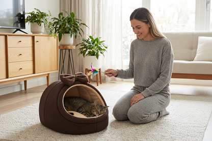 Niche chat marron salon scandinave