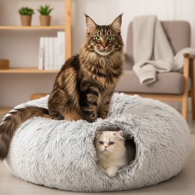 Niche pour chat avec 2 tunnels et un coussin 