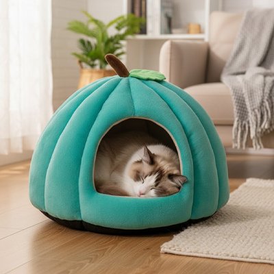 Niche pour chat avec une petite queue marron et un feuille verte 