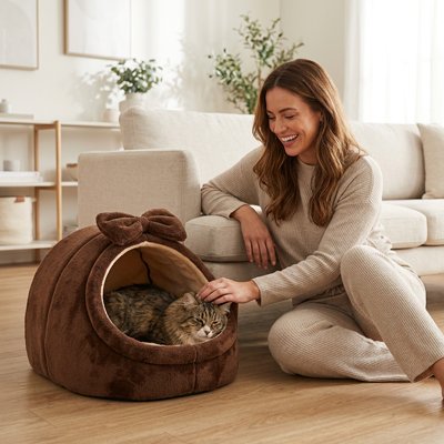 Niche pour Chat de couleur marron avec son petit nœud 
