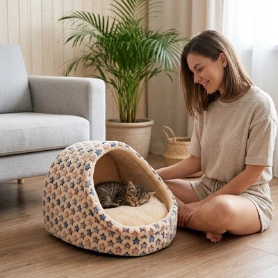 Niche pour Chat en beige étoilé
