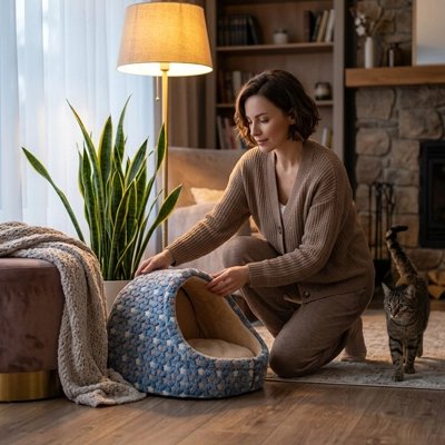 Niche pour Chat en bleu étoilé
