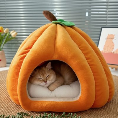 Niche pour chat en forme de citrouille orange