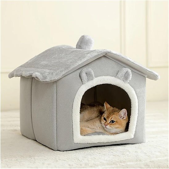 Niche pour Chat en forme de petite maison grise