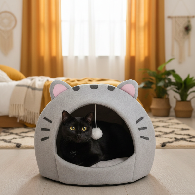 Niche pour chat grise rideaux jaunes
