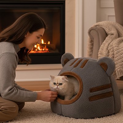 Niche pour Chat jolie tête d'ours grise