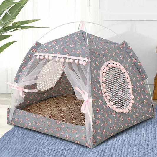 Niche pour chat tente gris et rose