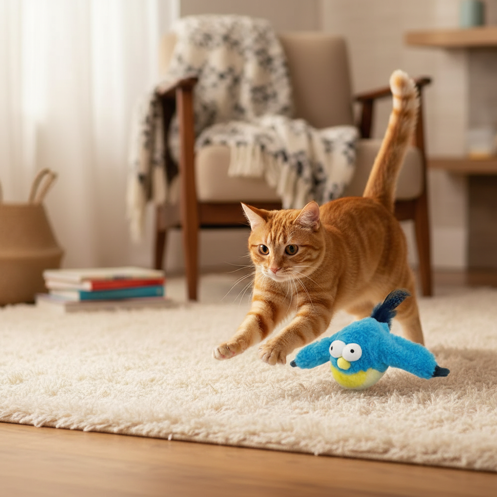 Oiseau peluche bleu chat roux