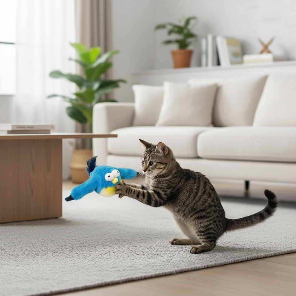 Oiseau peluche bleu chat tigré