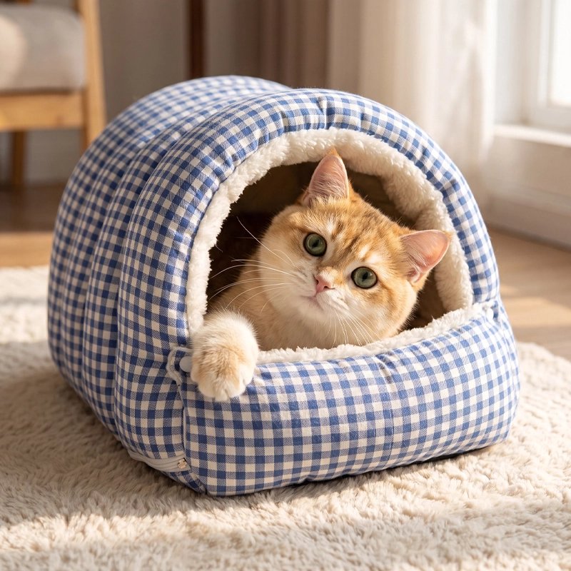 Panier Chat bleu vichy chat allongé devant fenêtre