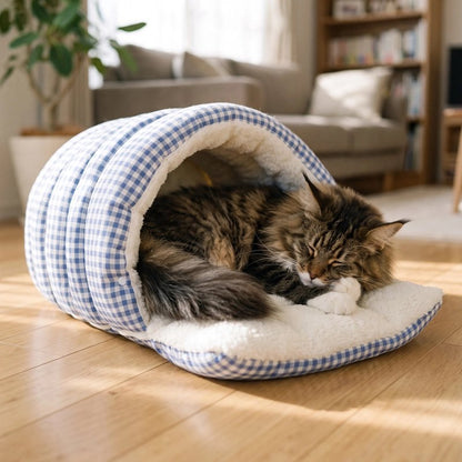 Panier Chat bleu vichy chat angora couché dedans au salon