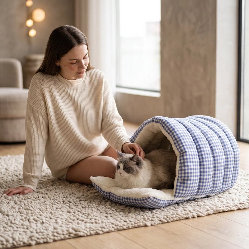 Panier Chat bleu vichy femme caresse chat couche dedans 