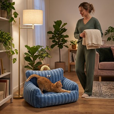 Panier Chat canapé de couleur bleu avec des yeux