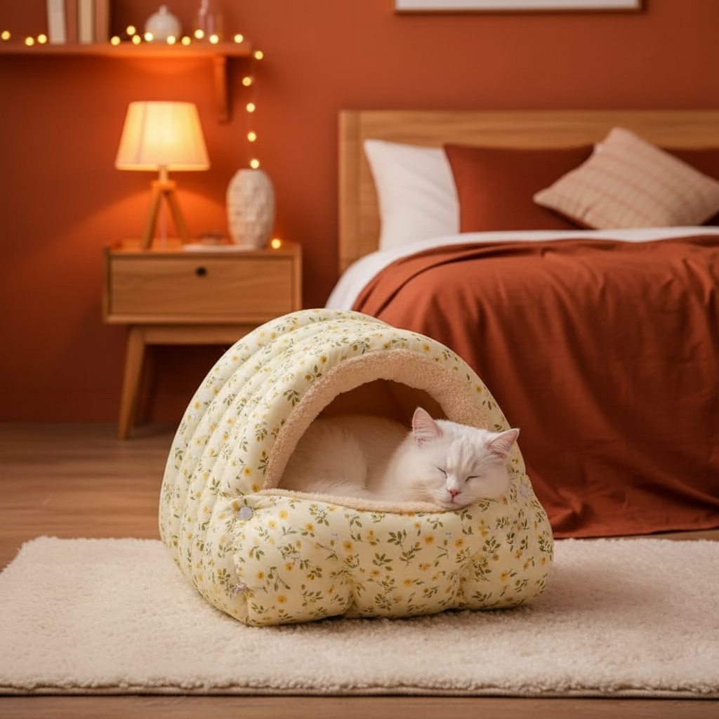 Panier chat crème - chambre orangée