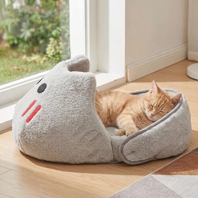 Panier Chat devant baie vitrée chaton qui dort dedans
